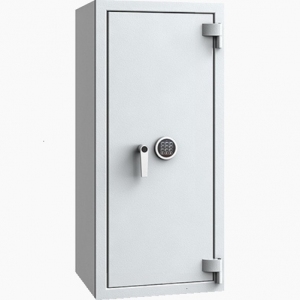 Sejf na pieniądze Save4ever model 419105.02. Klasa antywłamaniowa III, klasa odporności ogniowej LFS 30. Jasny szary, zamykany zamkiem elektronicznym.