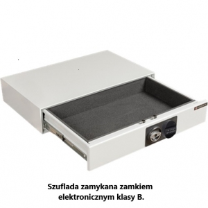 Widok szuflady na broń zamykanej zamkiem elektronicznym o symbolu EB klasa B, wersja dostępna w wyposażeniu dodatkowym.